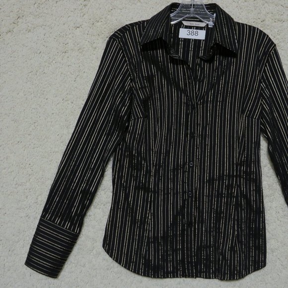 ZARA* Women's Long Sleeve Button Down Shirt Size Large~ Black & Gold Stripes - Picture 2 of 9